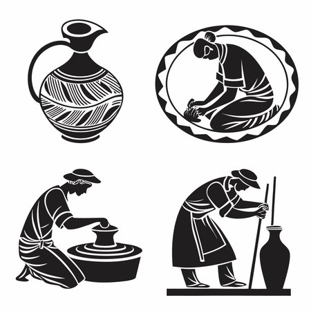 Black And White Illustration Of People Making Pottery. Professional high-quality vector illustration, perfect for print and web use.のイラスト素材