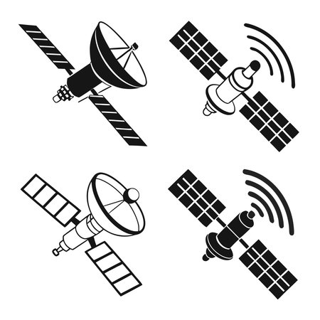 Professional vector illustration showing satellite icons set in black and white. Ideal for posters, infographics, web, and print projects.のイラスト素材
