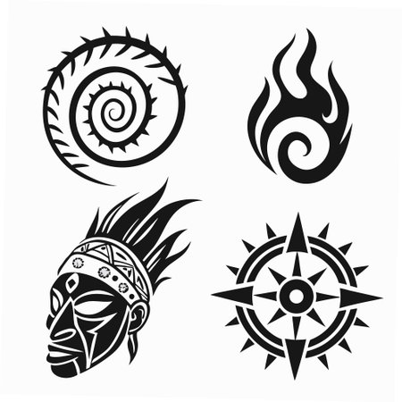 Professional vector illustration showing four tribal symbols featuring spiral mask and compass. Ideal for posters, infographics, web, and print projects.のイラスト素材