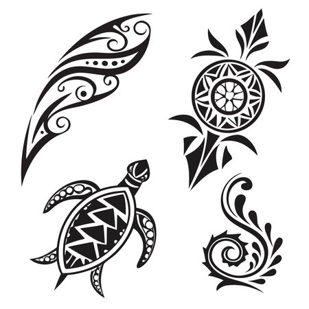 Professional vector illustration showing polynesian tribal tattoo set with turtle and sun. Ideal for posters, infographics, web, and print projects.のイラスト素材