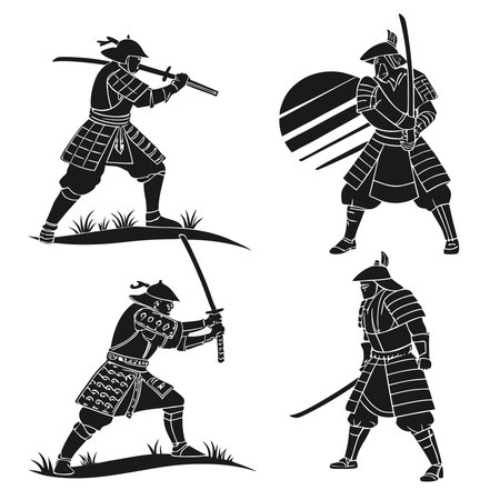 Professional vector illustration showing samurai warrior silhouette in various poses. Ideal for posters, infographics, web, and print projects.のイラスト素材