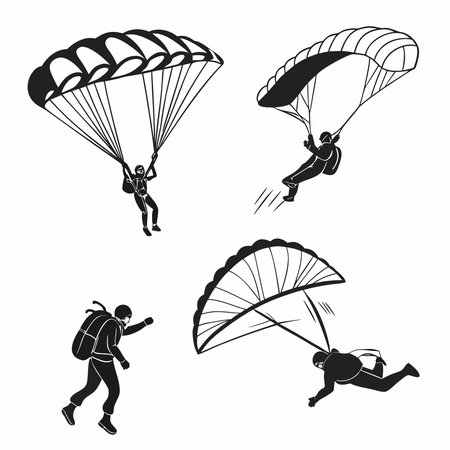Professional vector illustration showing four parachutists in different positions. Ideal for posters, infographics, web, and print projects.のイラスト素材