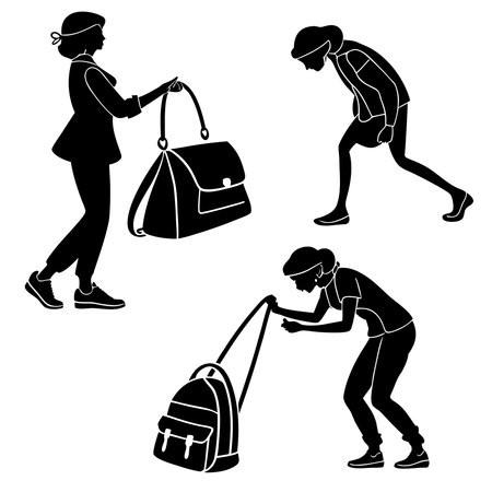 Set of black silhouettes of people with bags. Vector illustration.のイラスト素材