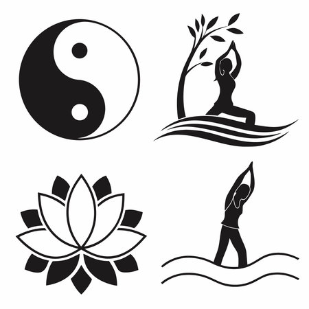 Yoga icon set. Black yoga icons on white background. Vector illustration.のイラスト素材