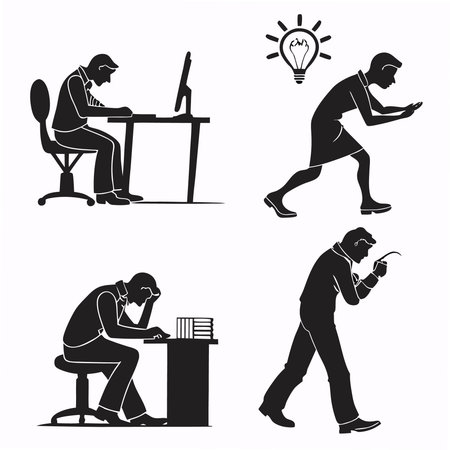 Set of black silhouettes of men working at the computer. Vector illustrationのイラスト素材