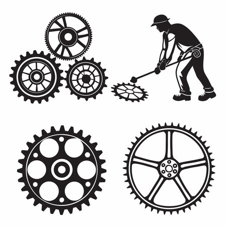 Set of black silhouettes of gears, cogwheels and mechanic. Vector illustrationのイラスト素材