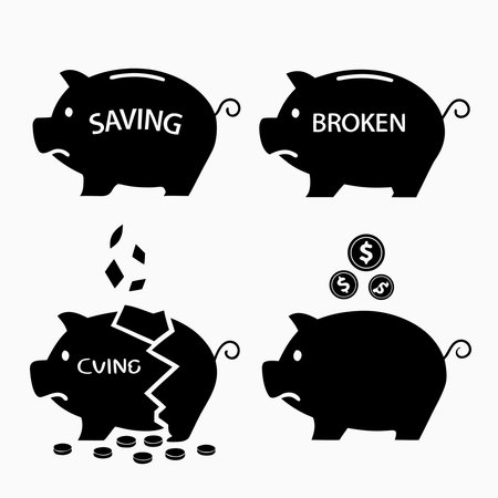 Piggy bank icons set. Black and white vector illustration.のイラスト素材