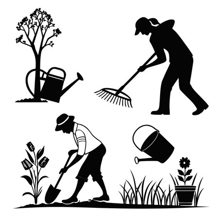 Gardening icons set. Gardener working in the garden. Vector illustrationのイラスト素材