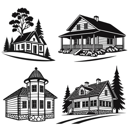 Set of houses in the woods. Vector illustration isolated on white background.のイラスト素材