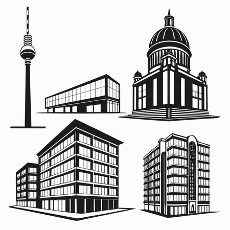 Set of buildings icons. Vector illustration in black and white colors.のイラスト素材