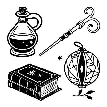 Magic book, magic wand, crystal ball, magic potion. Vector illustration.のイラスト素材