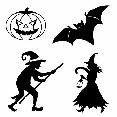 Halloween black silhouettes of witch with broom and pumpkin vector illustrationのイラスト素材