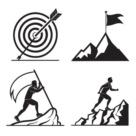 Set of mountain climbing and climbing icons. Vector illustration in black and white colors.のイラスト素材