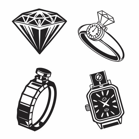 Jewelry icons set. Black and white illustration of jewelry vector icons for webのイラスト素材