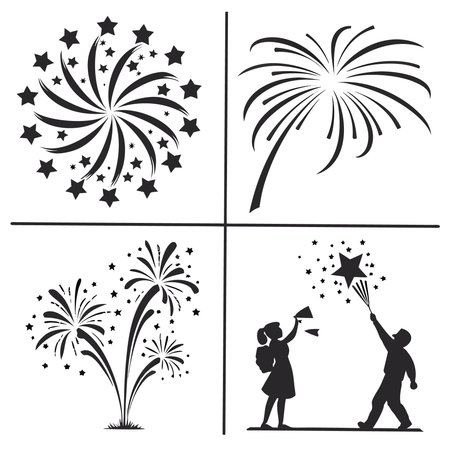 Silhouettes of people with fireworks. Vector illustration on white background.のイラスト素材