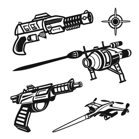 Vector set of hand-held guns. Black and white illustration.のイラスト素材