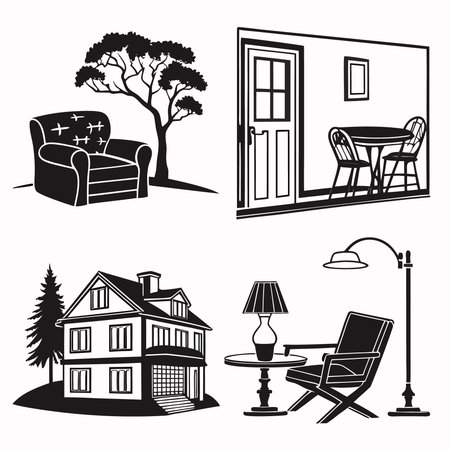 Set of furniture icons in black and white colors. Vector illustration.のイラスト素材