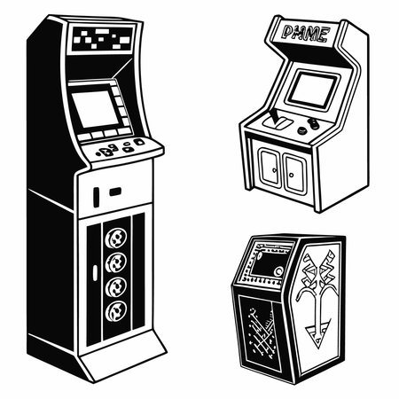 Retro arcade game machine icon in black and white vector illustration.のイラスト素材