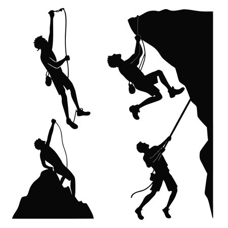 Silhouettes of people climbing on a cliff. Vector illustration.のイラスト素材