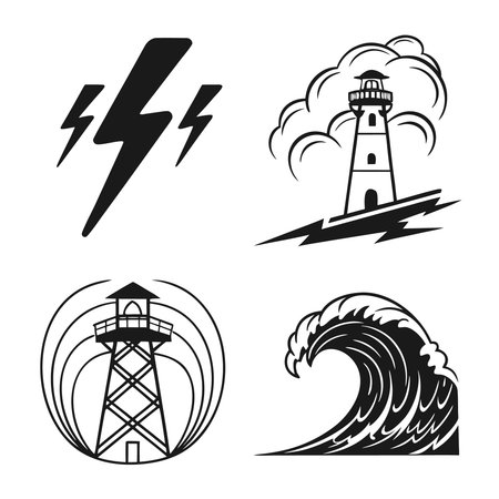 Set of lighthouse icons in black and white colors. Vector illustration.のイラスト素材