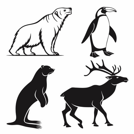 Set of polar bears, antelopes, penguins, bear, penguin, bear, antelopes, penguin. Vector illustration.のイラスト素材