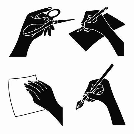Hands with writing tools icons set. Simple illustration of 9 hands with writing tools vector icons for webのイラスト素材