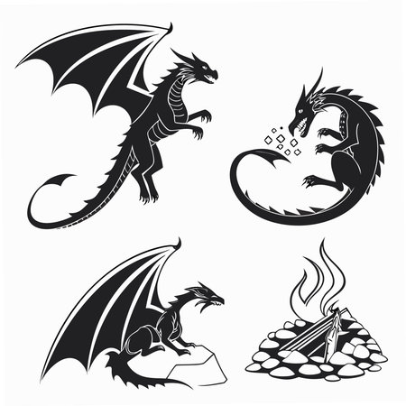 Dragon and fire. Set of vector illustrations isolated on white background.のイラスト素材