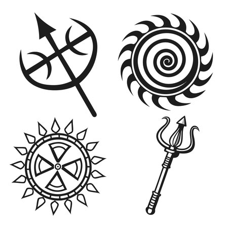 Trident and trident vector icons set. Black and white silhouettes of trident and trident.のイラスト素材