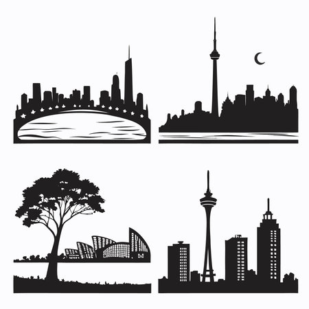 Set of city silhouettes. Skyscrapers and buildings. Vector illustration.のイラスト素材