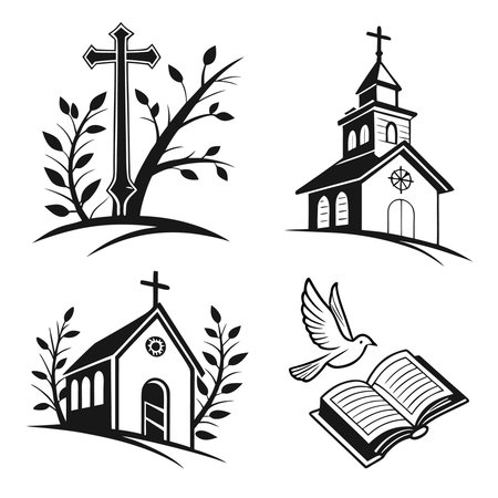 Set of religious icons with church, bible and dove. Vector illustrationのイラスト素材