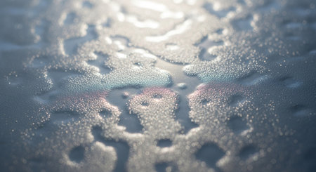a close up shot of water droplets on a surface creating iridescent reflections and textures.の写真素材