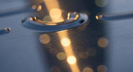 a macro shot shows a shiny metallic surface with blurry lights and soft golden reflections visible.の写真素材