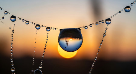 close up of water droplets on a spiderweb with a blurred sunrise reflecting in the droplets