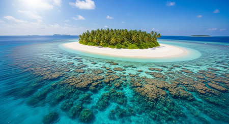 a beautiful tropical island with palm trees, white sand, and clear blue water with coral reefs.の写真素材