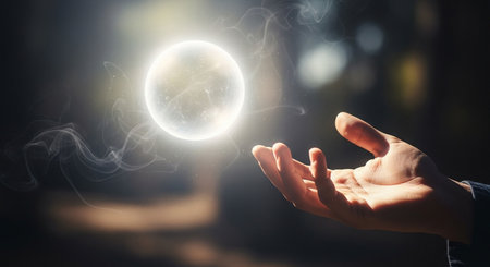 a hand reaches out to a bright, glowing orb surrounded by smoke in a dark, mysterious settingの写真素材