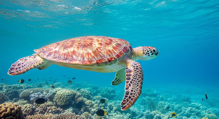 a sea turtle swims peacefully in the ocean, above a vibrant coral reef with many small fish around.