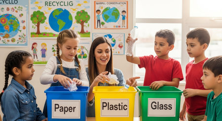 students and teacher sorting recycling in classroom bins learning about waste management and the earthの写真素材