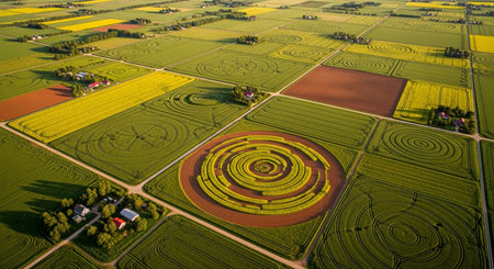 aerial shot of farmland with circular patterns and different crops creating a unique design.の写真素材