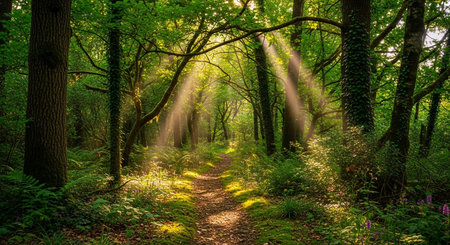 a tranquil scene of sunlight filtering through trees along a path in a lush, green woodland area.