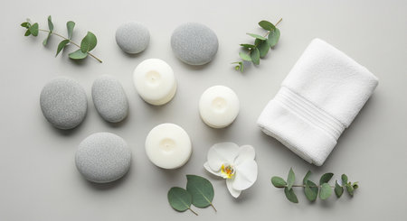 a serene still life featuring a towel, stones, leaves, and a flower on a gray surface, top view