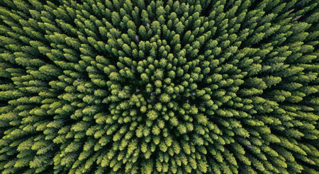 an aerial shot showcases a dense forest canopy, revealing a mesmerizing pattern of pointed treetops.の写真素材