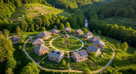 aerial shot of a village with a circular garden, surrounded by trees and a terraced hillside