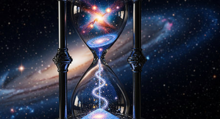 a striking hourglass filled with a vibrant galaxy and stars against a stunning space backdrop