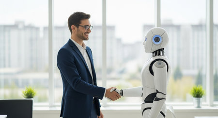 a man in a suit shakes hands with a white robot standing in an office with a large window behind themの写真素材