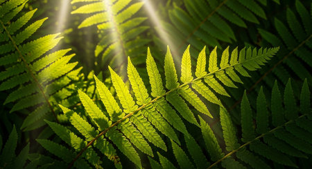 a close up view of green ferns with bright sunlight shining through the leaves in a forest settingの写真素材