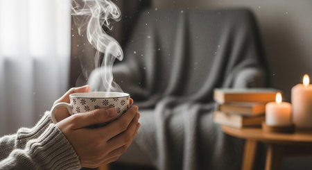 a person holds a steaming cup with candles and books in the background in a cozy settingの写真素材