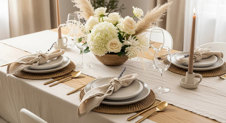 a beautifully arranged table with floral centerpiece, neutral tones, and elegant dinnerware.
