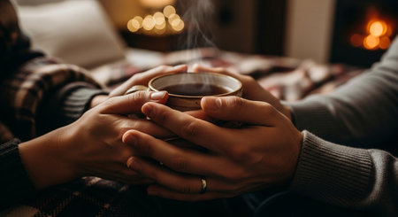 A cozy scene with hands holding a steaming cup near a fireplace, creating a warm and intimate moment.の写真素材