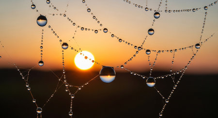 a close up of a spiderweb covered in dew drops with a bright sun rising in the background.の写真素材