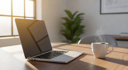a laptop and a steaming coffee cup sit on a wooden table in a bright room near a large windowの写真素材